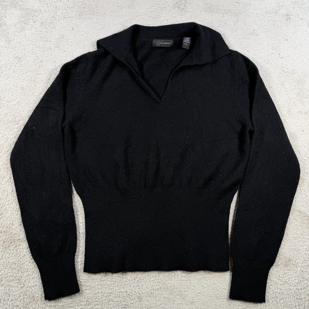 Context Sweater Womens Large Black Cashmere Johnny Collar Pullover Soft